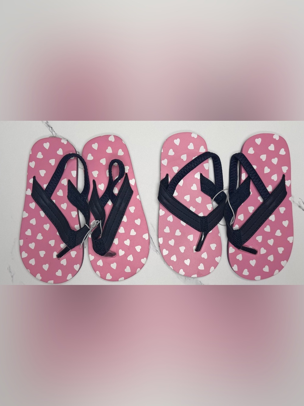 Girls' Pink Heart Print Flip-Flops with Navy Straps